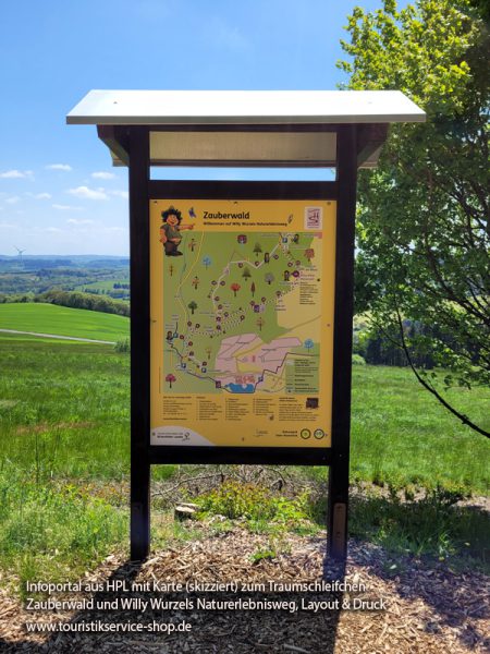 Infoportal aus HPL mit Karte (skizziert) zum Traumschleifchen Zauberwald und Willy Wurzels Naturerlebnisweg, Layout & Druck